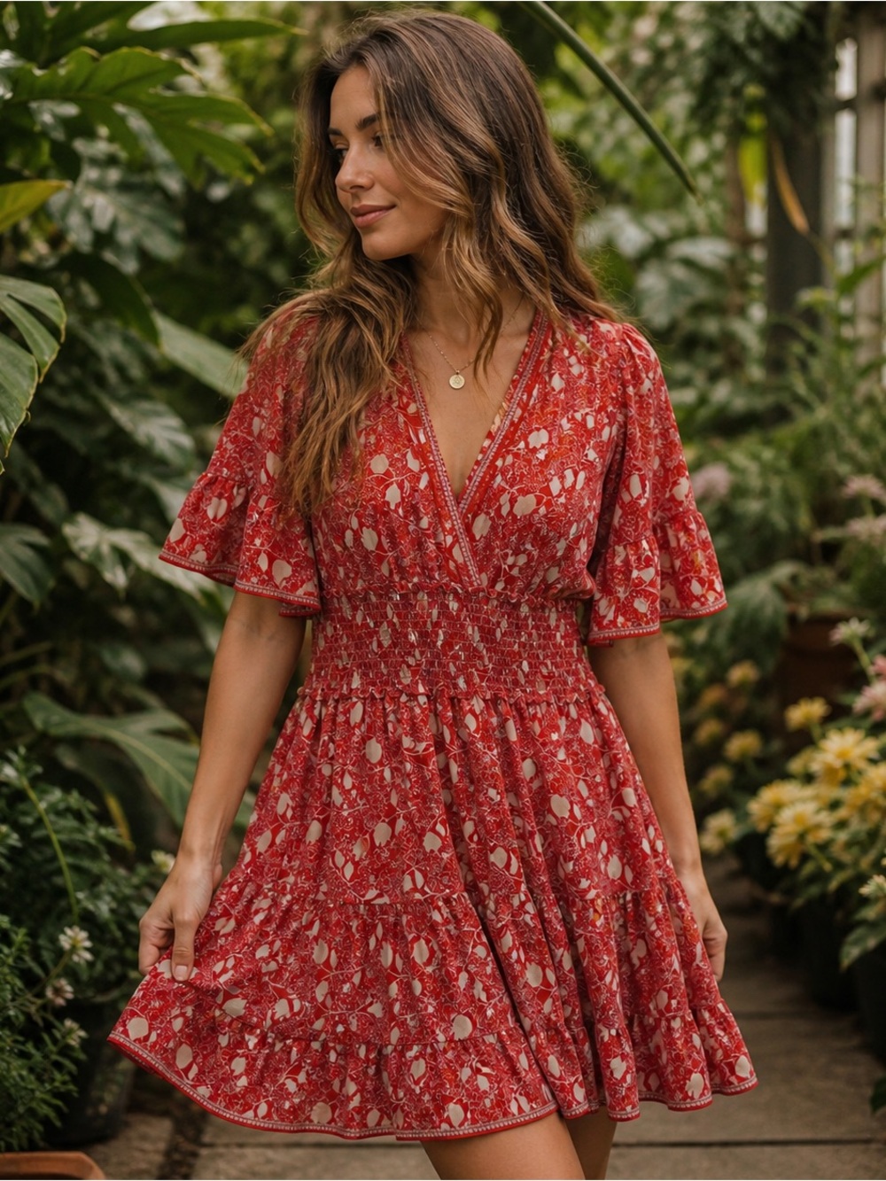 Max Studio Red Floral Garden Print Chiffon Lined Dress Small NWOT